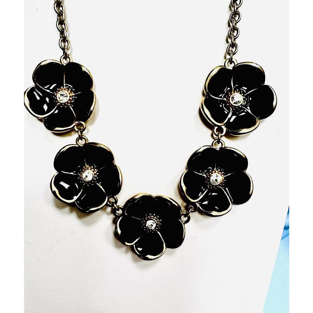 Gold Tone 5 Black Enameled Rhinestone Hibiscus Flower Chain Necklace